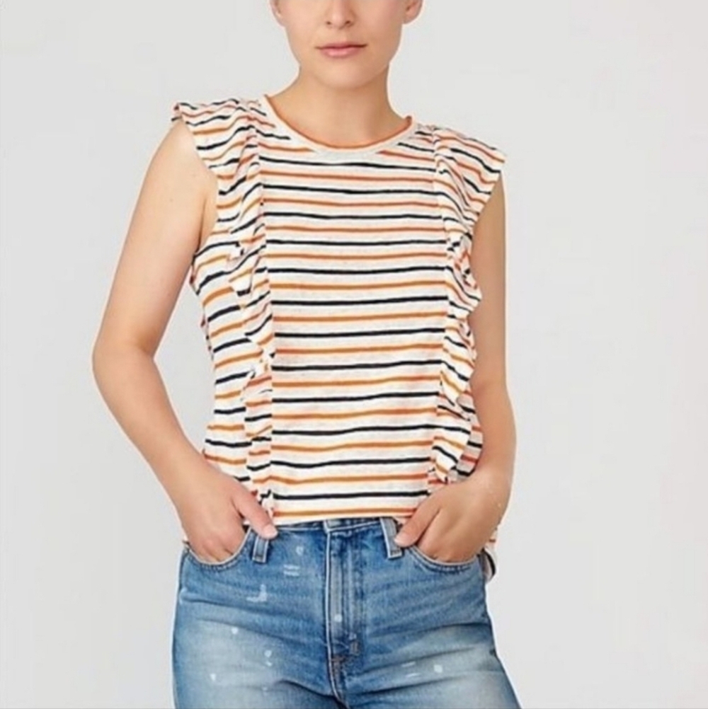 ❤️ NWOT! J CREW RUFFLE TANK TOP IN STRIPED LINEN, MEDIUM